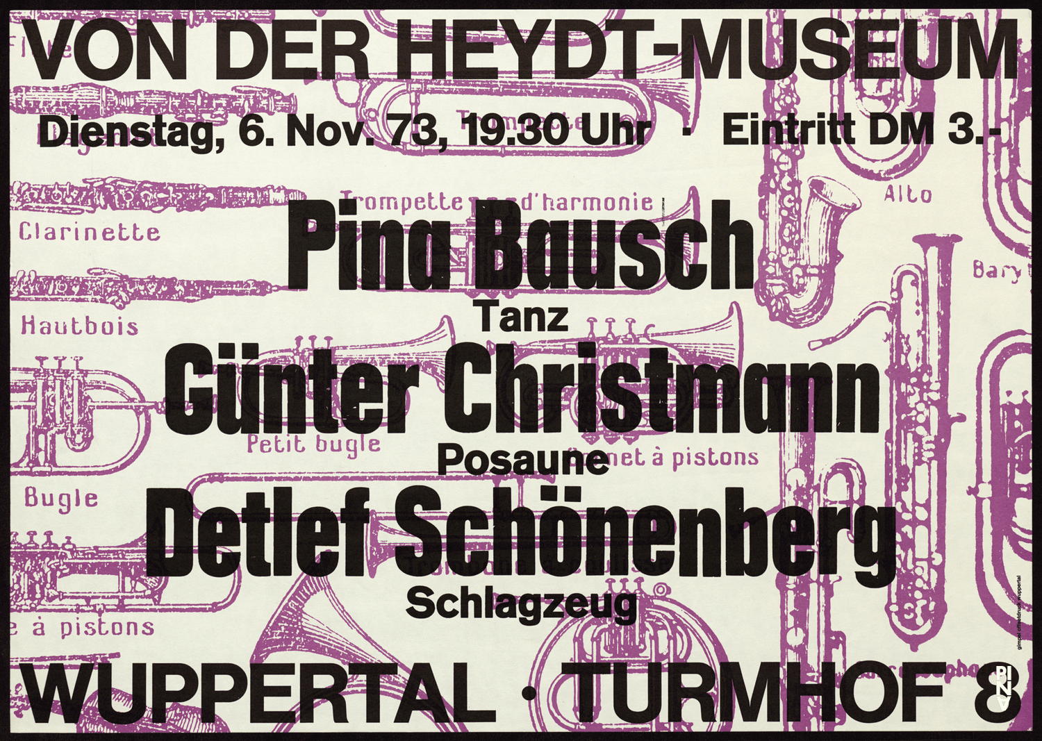 Affiche de « Jazz Improvisation avec le duo Schönenberg » de Pina Bausch, Günter Christmann et Detlef Schönenberg à Wuppertal, 6 novembre 1973