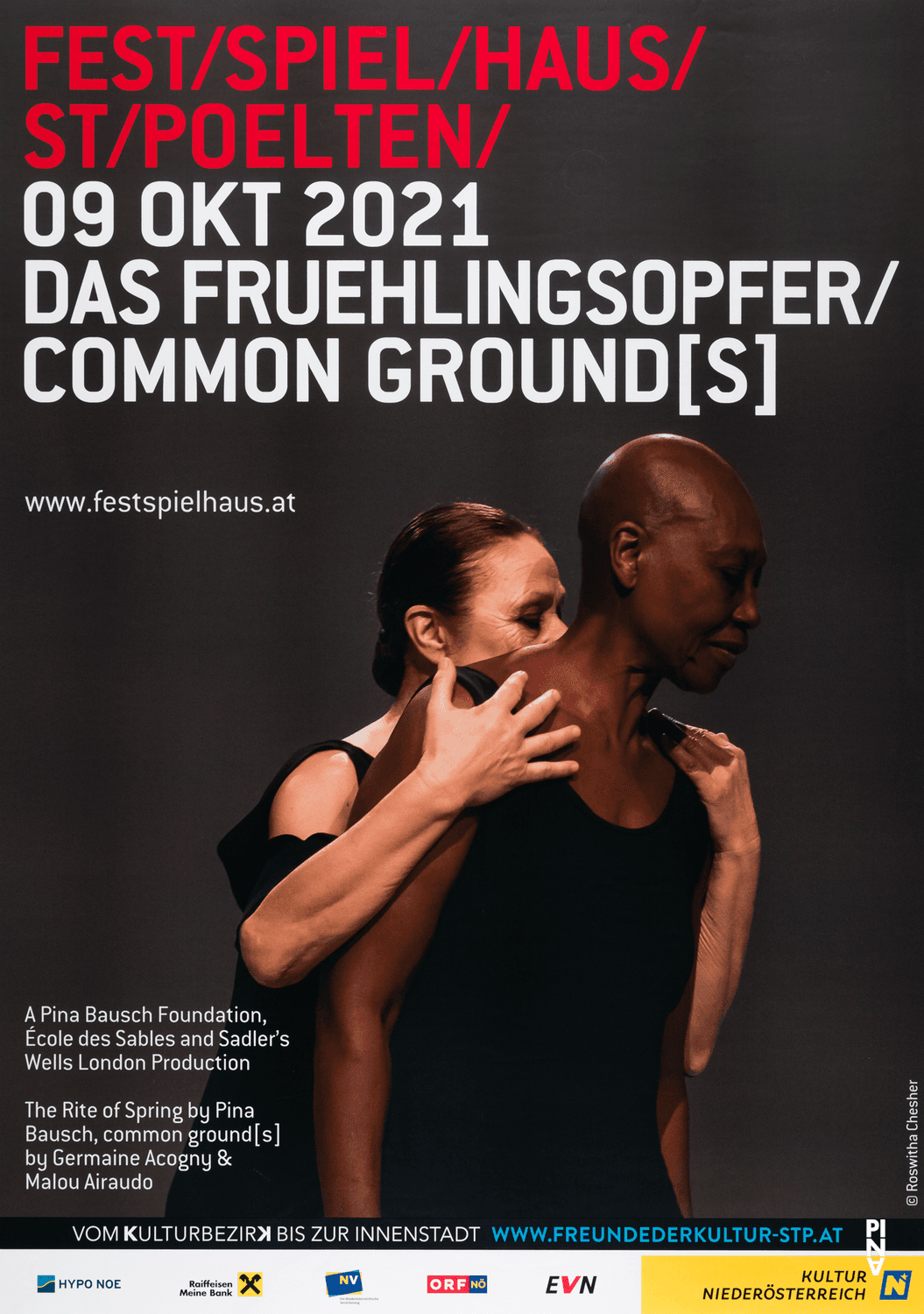 Affiche de « Le Sacre du printemps » de Pina Bausch et « common ground[s] » de Malou Airaudo et Germaine Acogny à St. Pölten, 9 octobre 2021