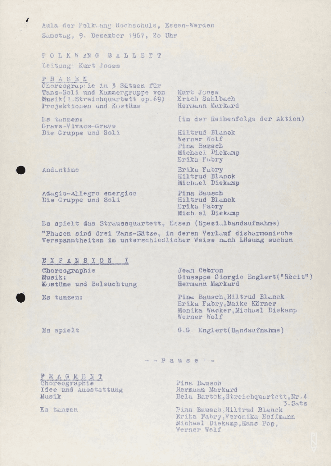 Evening leaflet for “Fragment” by Pina Bausch with Folkwangballett in in Essen, Dec. 9, 1967