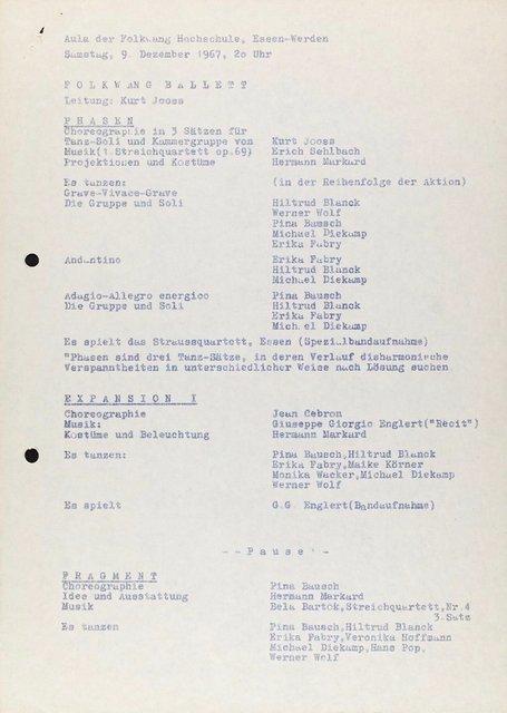 Abendzettel zu „Fragment“ von Pina Bausch mit Folkwangballett in Essen, 9. Dezember 1967