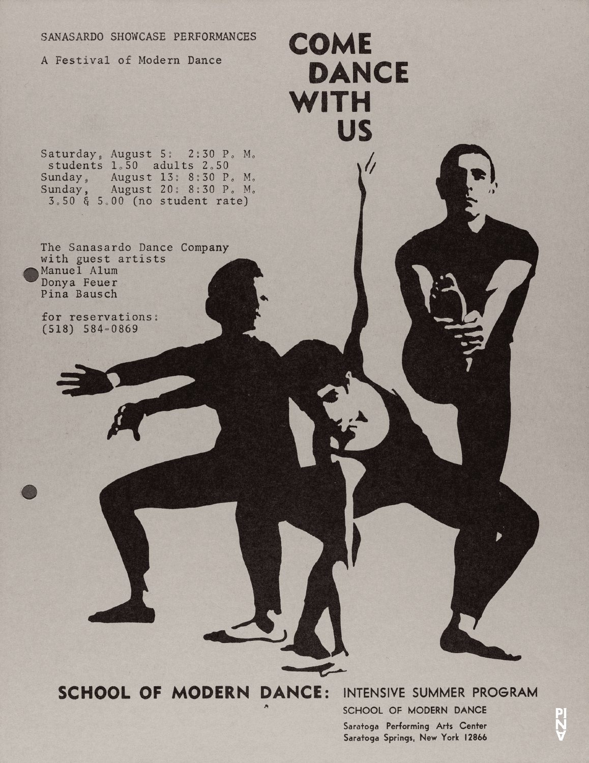 Foldable leaflet pour « Nachnull (Après Zéro) » et « PHILIPS 836 887 DSY » de Pina Bausch avec The Sanasardo Dance Company à Saratoga, NY et New York, 5 août 1972 – 20 août 1972