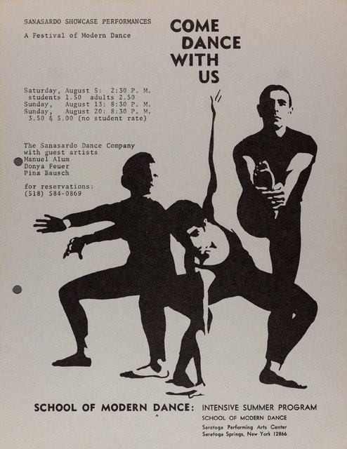 Faltblatt zu „Nachnull“ und „PHILIPS 836 887 DSY“ von Pina Bausch mit The Sanasardo Dance Company in New York und Saratoga, NY, 05.08.1972–20.08.1972