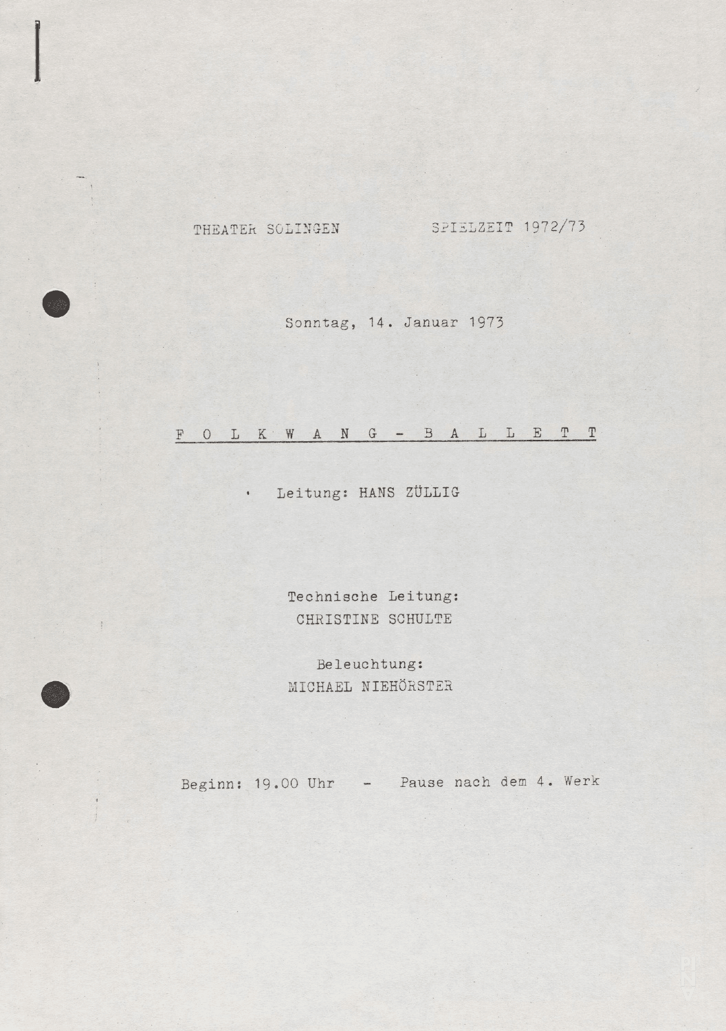 Programme pour « PHILIPS 836 887 DSY » et « Wiegenlied » de Pina Bausch avec Folkwangballett à Solingen, 14 janvier 1973