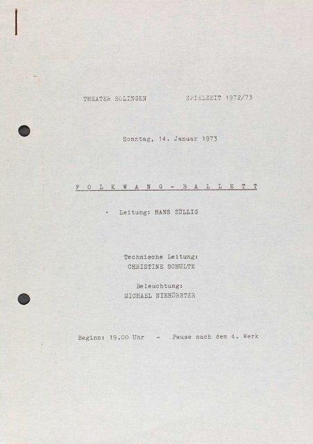 Programme pour « PHILIPS 836 887 DSY » et « Wiegenlied » de Pina Bausch avec Folkwangballett à Solingen, 14 janvier 1973