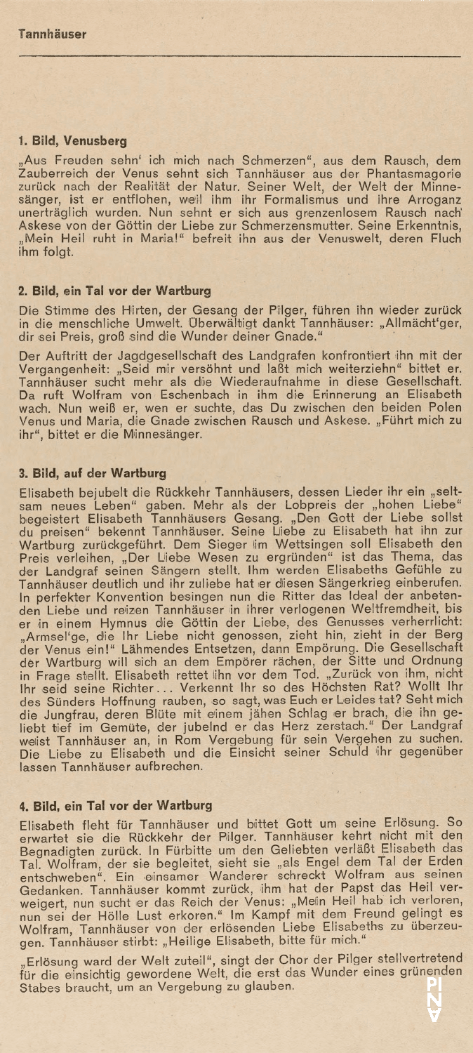 Programme pour « Tannhäuser Bacchanal » de Pina Bausch avec Folkwangballett à Wuppertal, 12 mars 1972