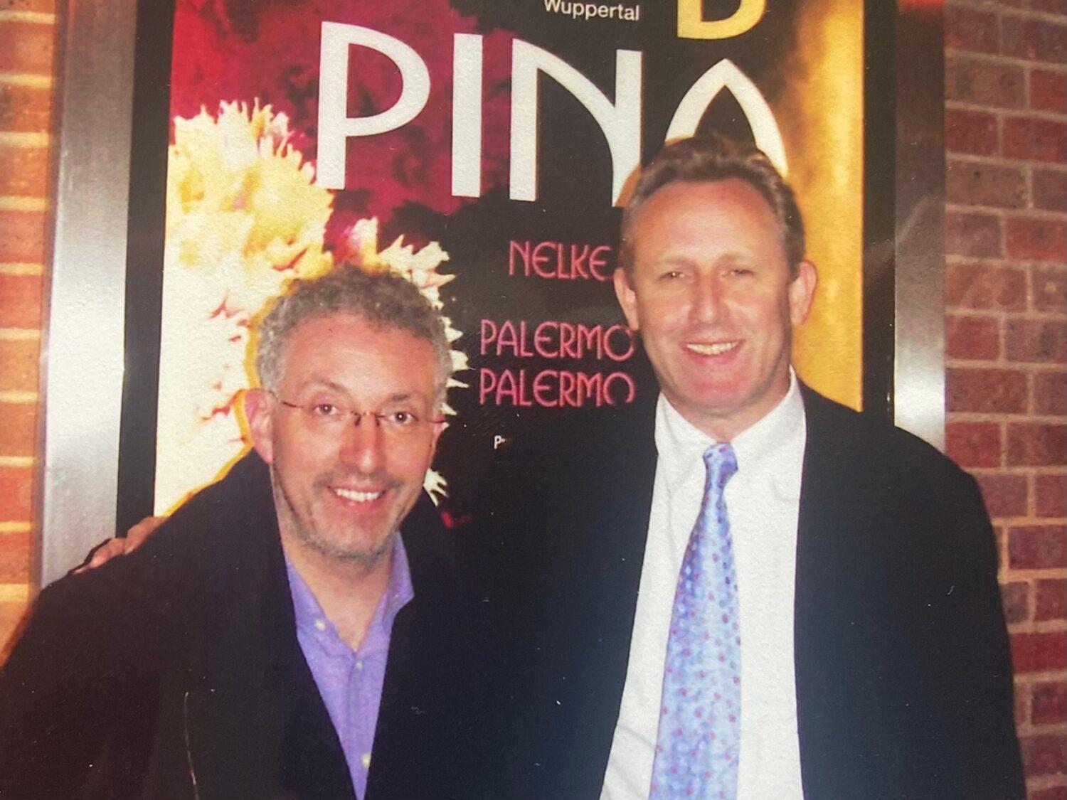 <p>Michael Morris and Alistair Spalding in front of the Sadler's Wells Theater in London in February 2005</p>