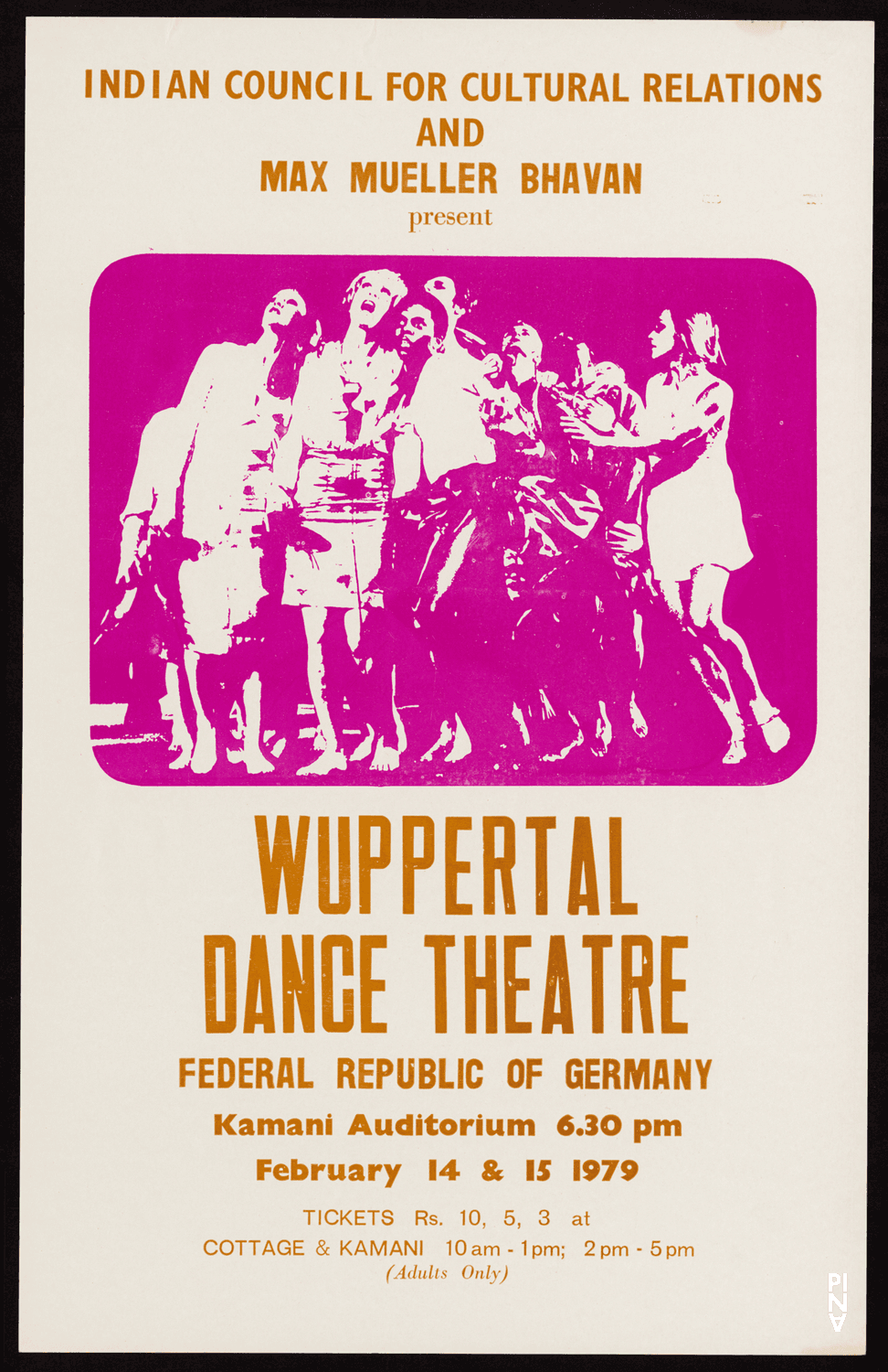 Plakat zu „Das Frühlingsopfer“ und „Die sieben Todsünden“ von Pina Bausch in Delhi, 14.02.1979–15.02.1979