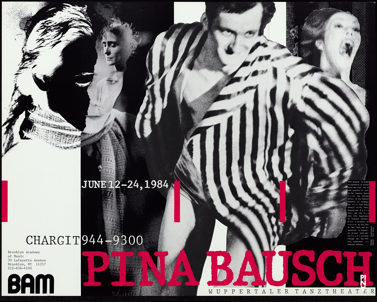 Affiche de « 1980 – Une pièce de Pina Bausch », « Auf dem Gebirge hat man ein Geschrei gehört (Sur la montagne, on entendit un hurlement) », « Barbe-Bleue. En écoutant un enregistrement sur bande magnétique de l’opéra de Béla Bartók « Le Château de Barbe-Bleue » », « Café Müller » et « Le Sacre du printemps » de Pina Bausch à Wuppertal et New York, 12 juin 1984 – 24 juin 1984