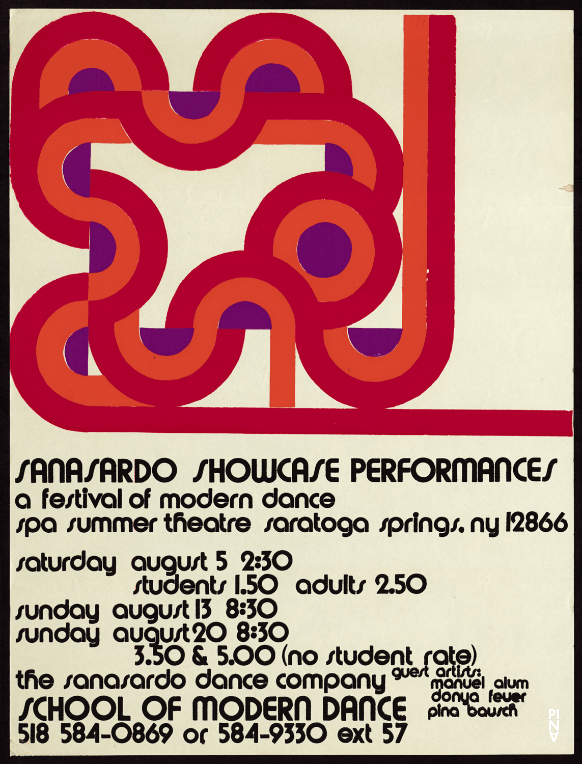 Poster for “Nachnull (After Zero)” and “PHILIPS 836 887 DSY” by Pina Bausch, “Sextetrahedron” by Manuel Alum and “The Myth” by Paul Sanasardo in New York and Saratoga, NY, 08/05/1972 – 08/20/1972