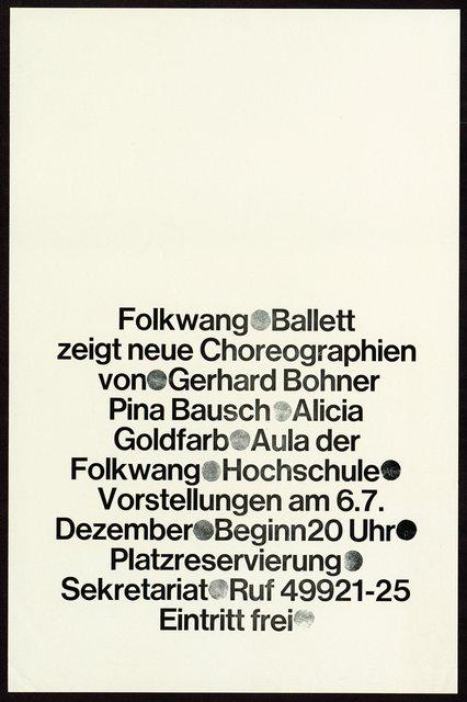 Poster for “Aktionen für Tänzer” by Pina Bausch, “Xtabay” by Alicia Goldfarb and “Malade Imaginaire” by Gerhard Bohner in Essen, 12/06/1971 – 12/07/1971