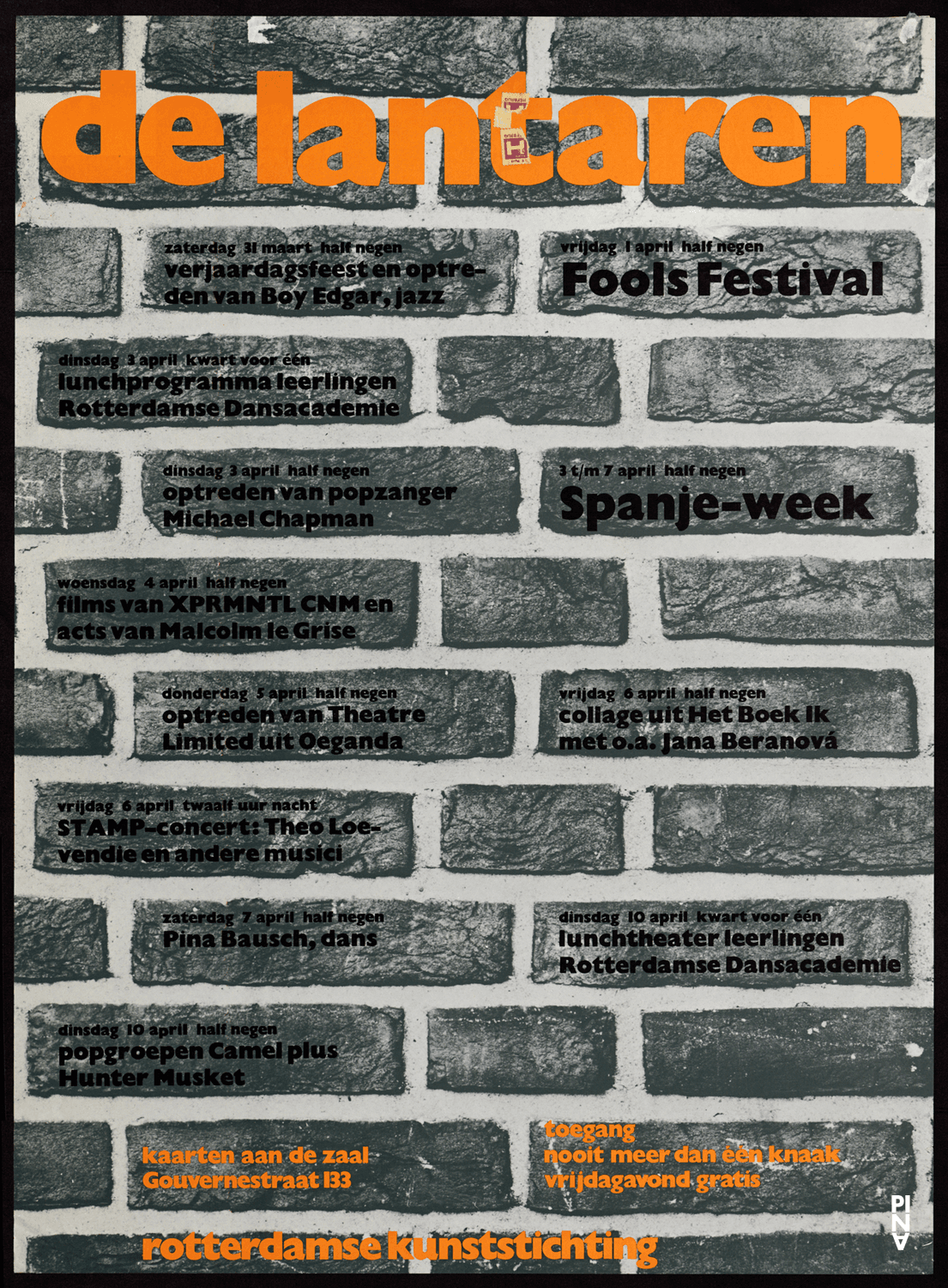 Affiche de « Aktionen für Tänzer », « Im Wind der Zeit », « Nachnull (Après Zéro) », « PHILIPS 836 887 DSY » et « Wiegenlied » de Pina Bausch à Rotterdam, 7 avril 1973