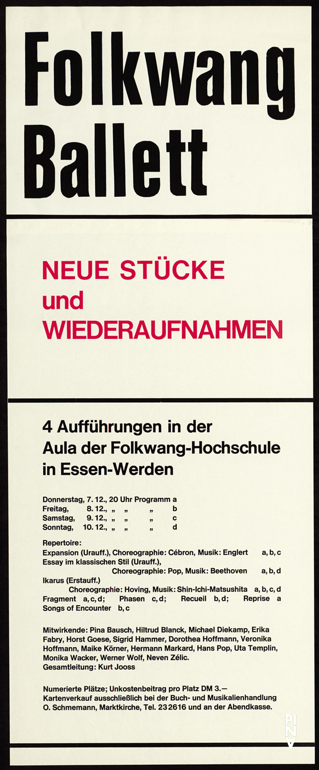Affiche de « Fragment » de Pina Bausch, « Icarus » et « Songs of Encounter » de Lucas Hoving, « Essay im klassischen Stil » et « Reprise » de Hans Pop, « Expansion I » et « Recueil » de Jean Cébron et « Phasen » de Kurt Jooss à Essen, 7 déc. 1967 – 10 déc. 1967