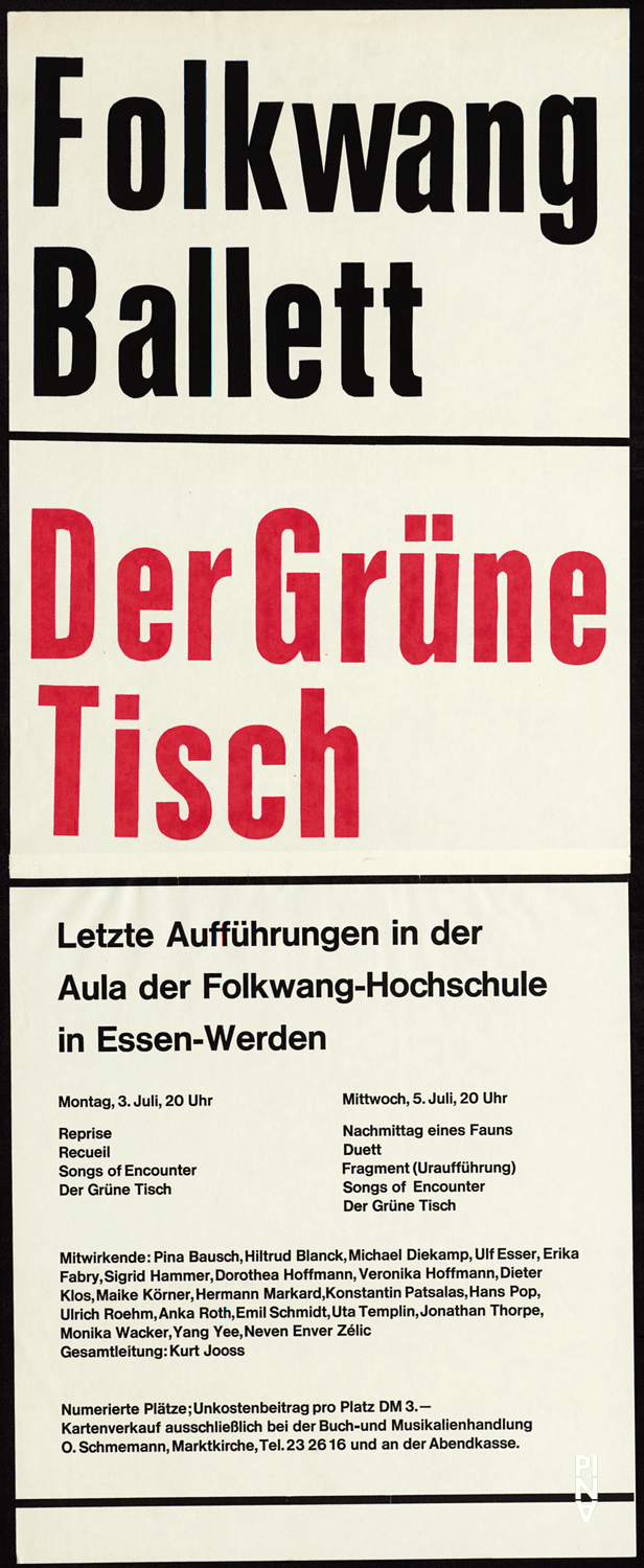 Plakat zu „Fragment“ von Pina Bausch, „Der Grüne Tisch“ und „L'après-midi d'un faune (Nachmittag eines Fauns)“ von Kurt Jooss, „Recueil“ von Jean Cébron, „Reprise“ von Hans Pop und „Songs of Encounter (Begegnungen)“ von Lucas Hoving in Essen, 03.07.1967–05.07.1967