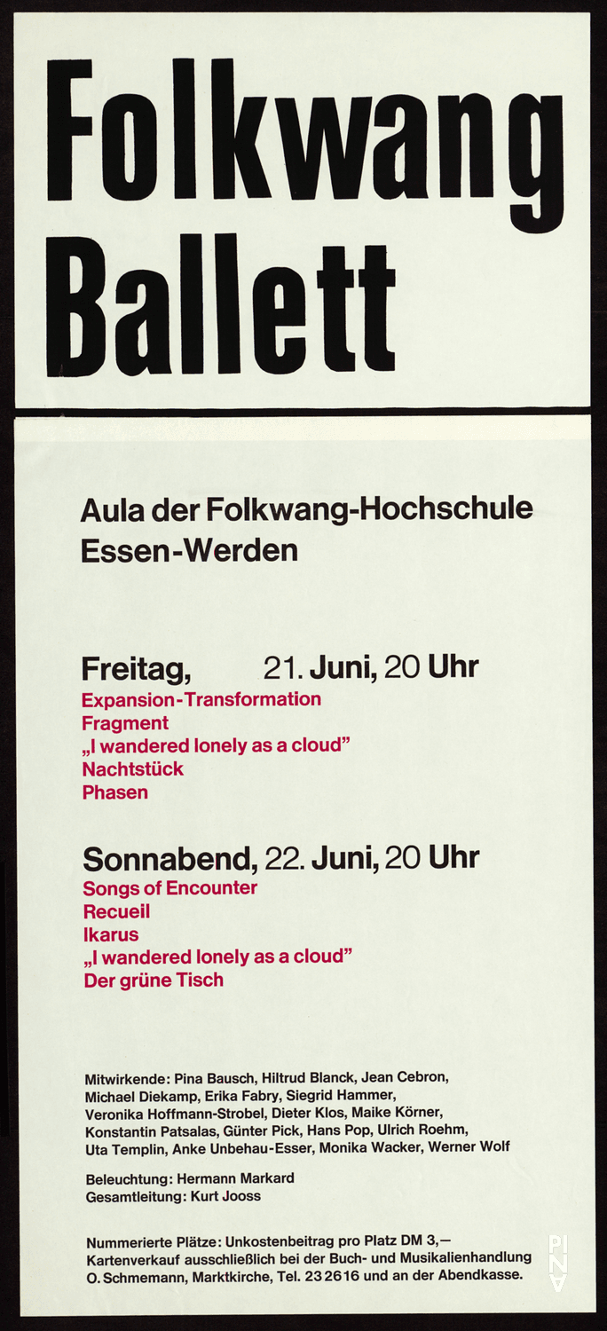 Affiche de « Fragment » et « Im Wind der Zeit » de Pina Bausch, « Icarus » et « Songs of Encounter » de Lucas Hoving, « La table verte » et « Phasen » de Kurt Jooss, « Expansion I », « Transformation II » et « Recueil » de Jean Cébron et « Nachtstück » de Hans Pop à Essen, 21 juin 1968 – 22 juin 1968