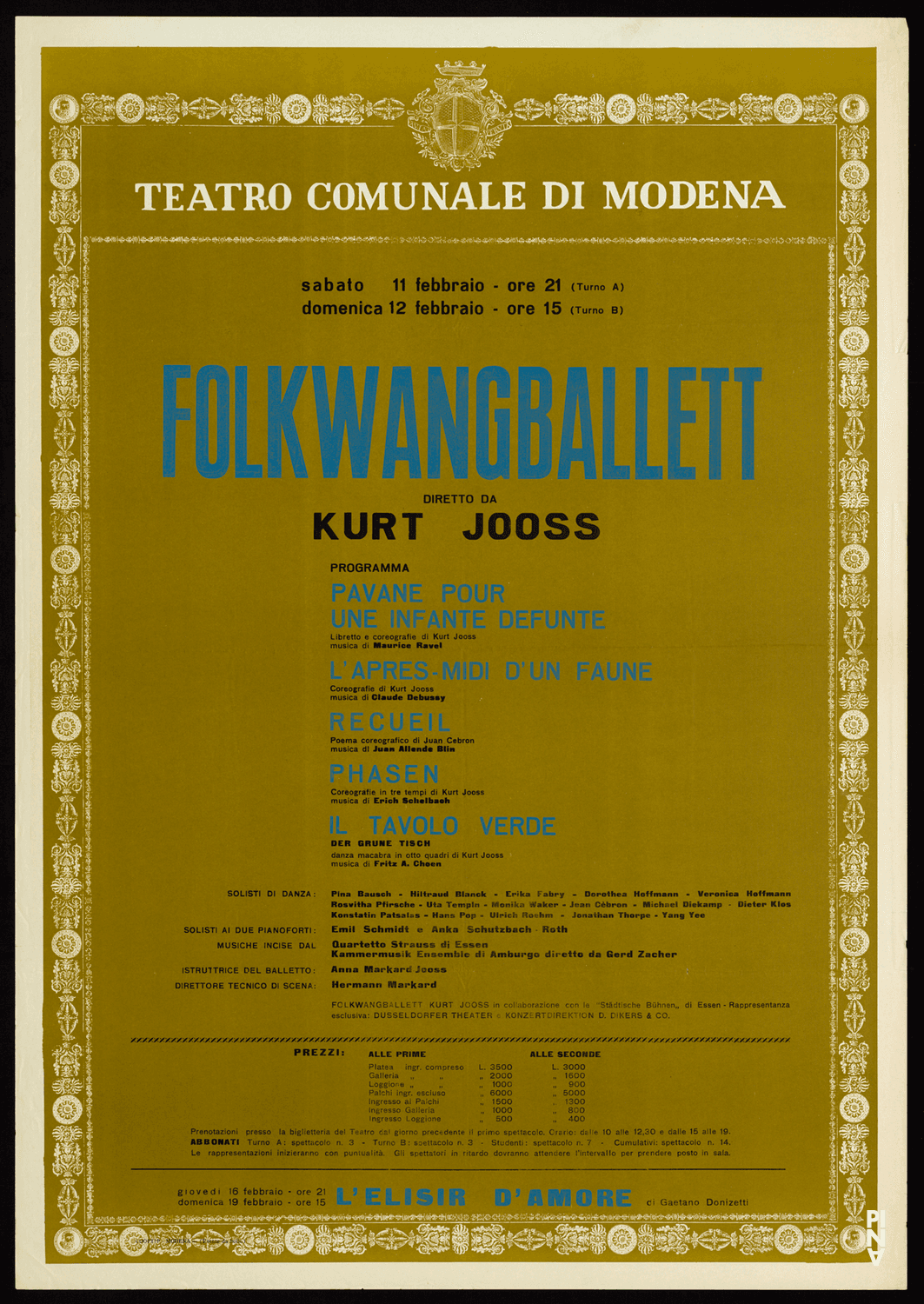 Plakat zu „Der Grüne Tisch“, „L'après-midi d'un faune (Nachmittag eines Fauns)“, „Pavane pour une infante defunte“ und „Phasen“ von Kurt Jooss und „Recueil“ von Jean Cébron in Modena