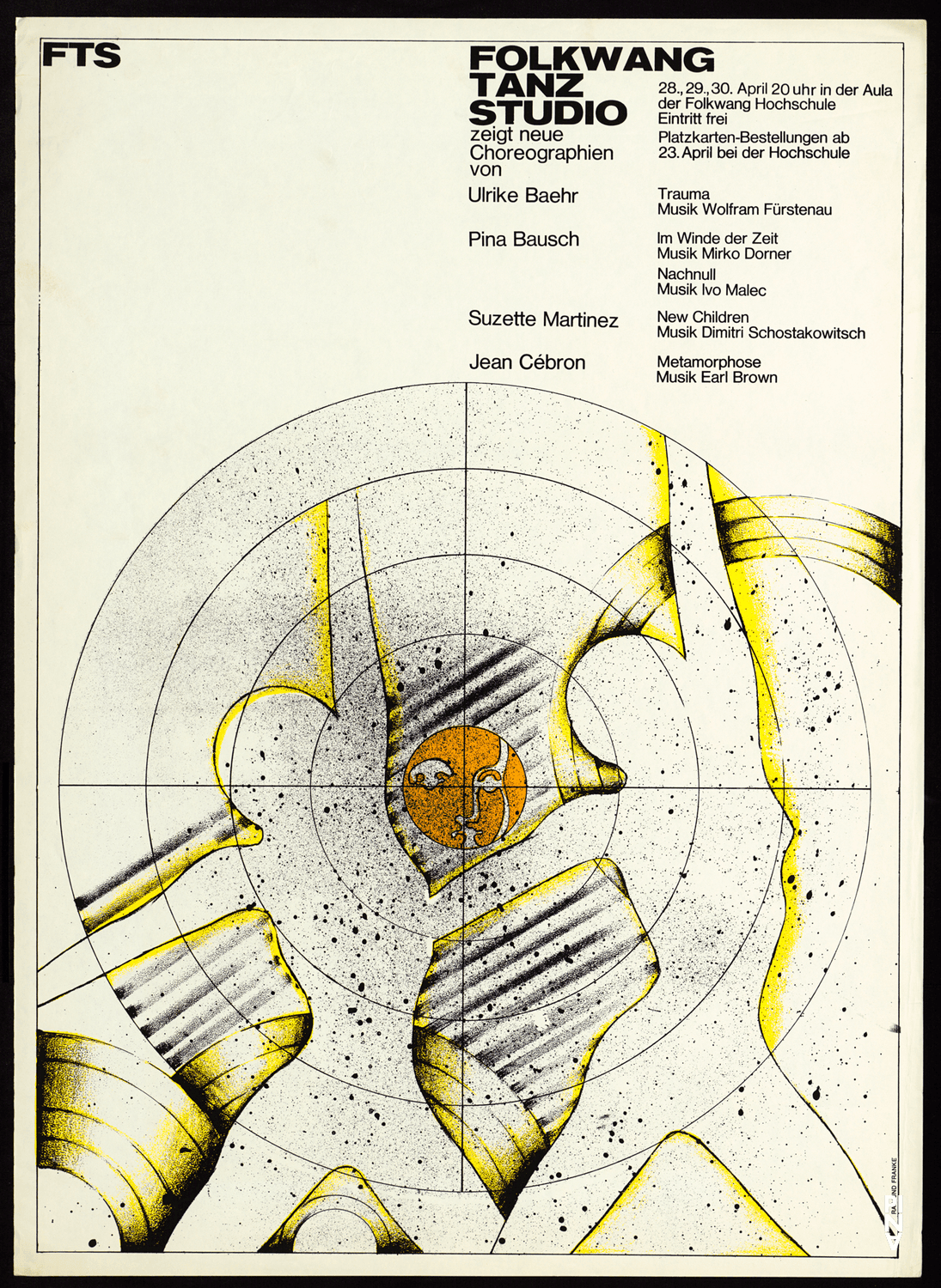 Poster for “Im Wind der Zeit” and “Nachnull (After Zero)” by Pina Bausch, “Metamorphose” by Jean Cébron and “Trauma” by Ulrike Baehr in Essen, 04/28/1970 – 04/30/1970
