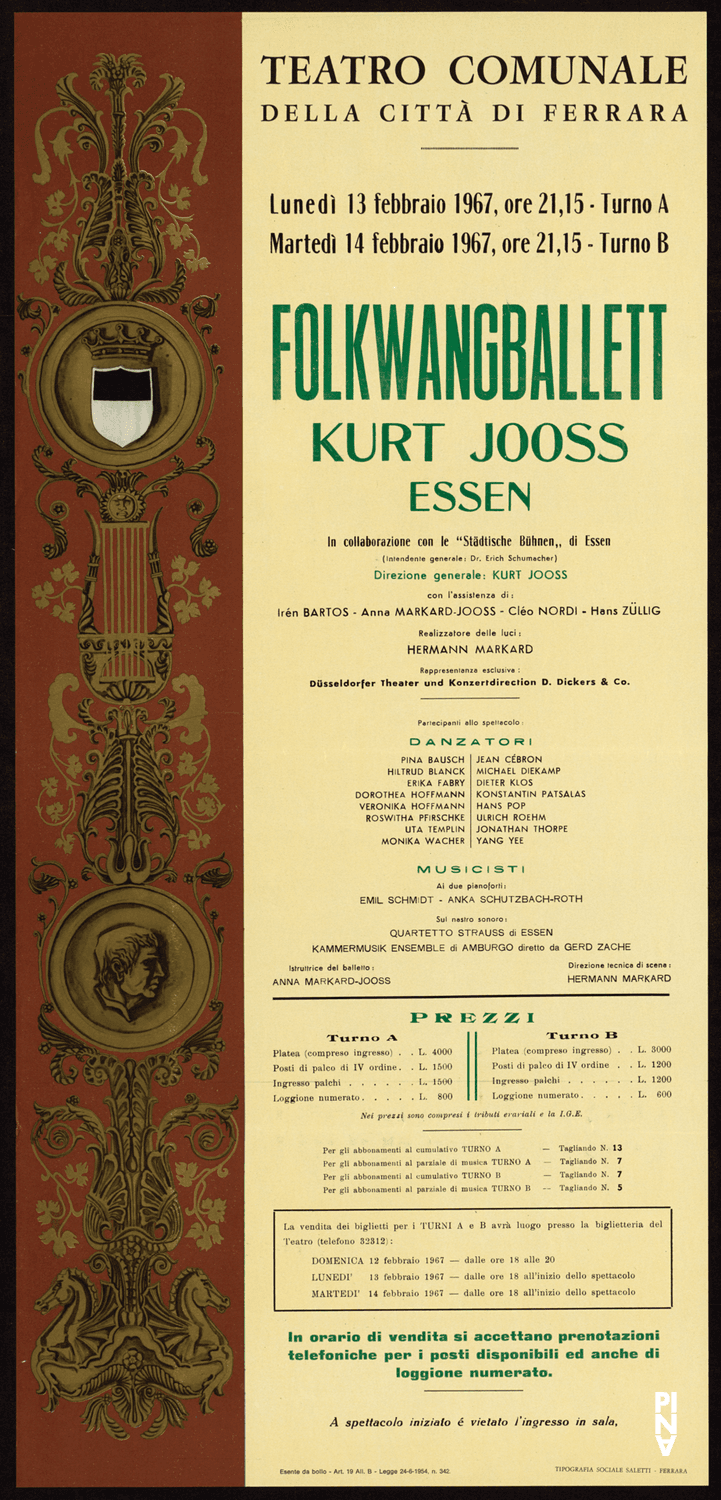 Poster for “L'après-midi d'un faune”, “Pavane pour une infante defunte” and “Phasen” by Kurt Jooss and “Recueil” by Jean Cébron in Ferrara, 02/13/1967 – 02/14/1967