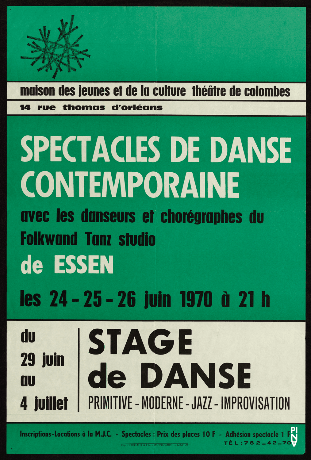 Poster for “Im Wind der Zeit” and “Nachnull (After Zero)” by Pina Bausch and “Poème dansé”, “Recueil” and “Metamorphose” by Jean Cébron in Colombes, 06/24/1970 – 06/26/1970