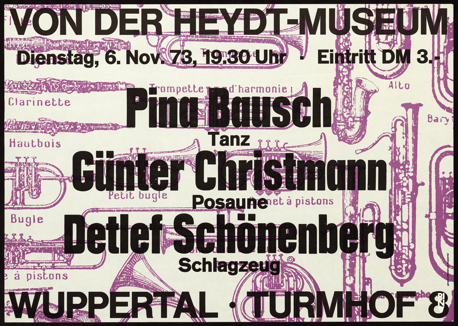 Poster for “Jazz improvisation with the Schönenberg-duo” by Pina Bausch, Günter Christmann and Detlef Schönenberg in Wuppertal, Nov. 6, 1973