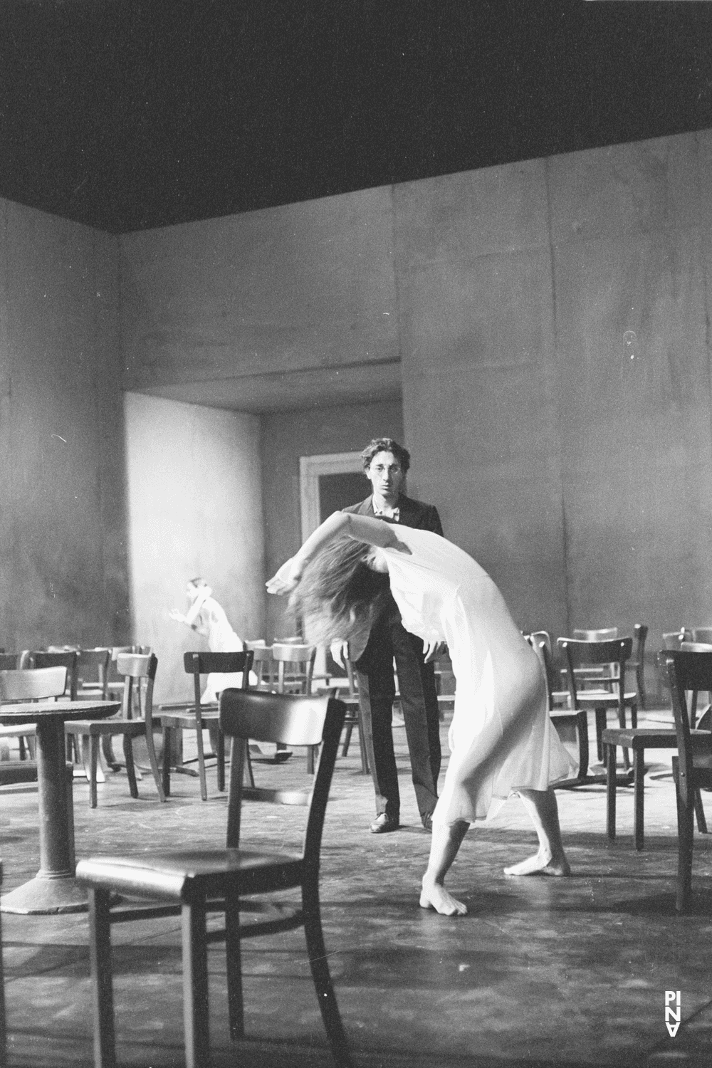 Malou Airaudo, Jean Laurent Sasportes and Anne Martin in “Café Müller” by Pina Bausch