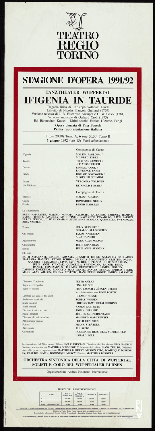 Poster for “Iphigenie auf Tauris” by Pina Bausch in Turin, 06/05/1992 – 06/07/1992