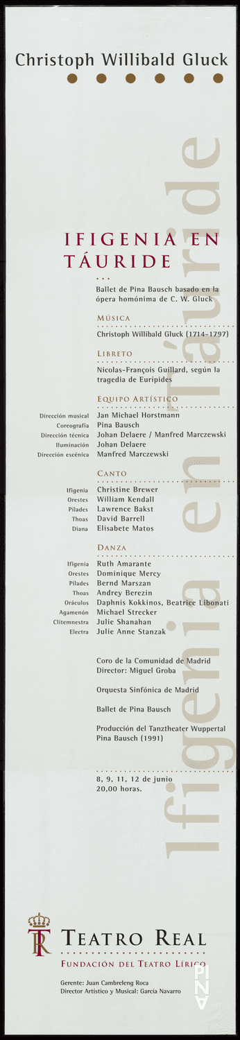 Plakat zu „Iphigenie auf Tauris“ von Pina Bausch in Madrid, 08.06.1998–12.06.1998