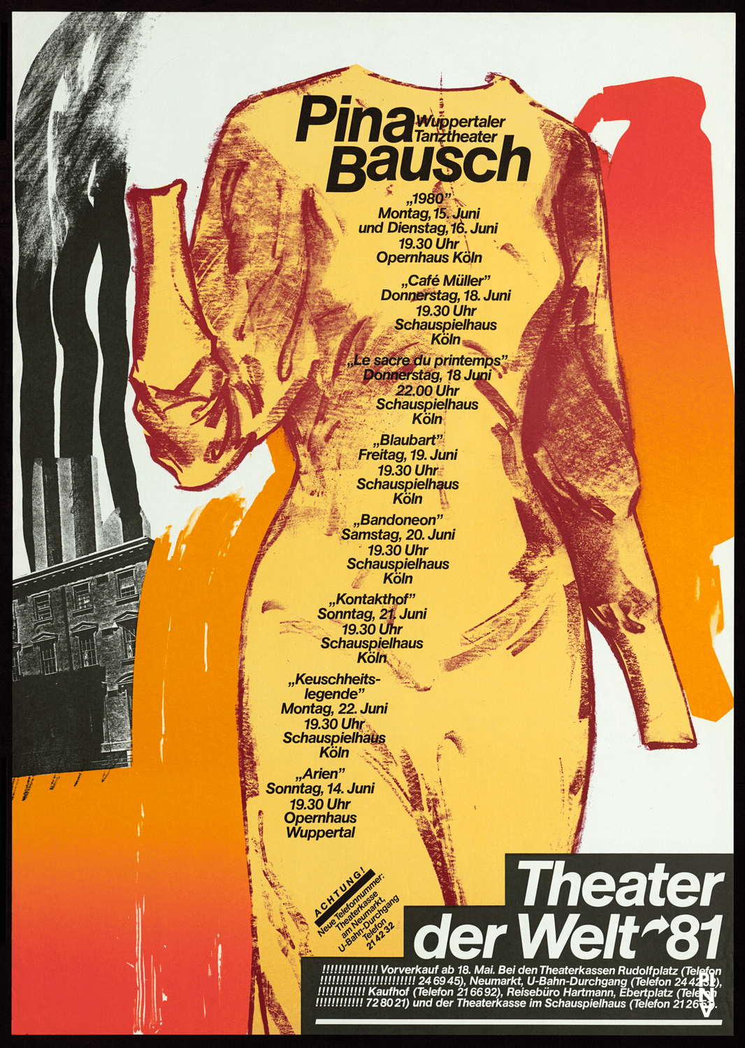 Poster for “1980 – A Piece by Pina Bausch”, “Arien”, “Bandoneon”, “Bluebeard. While Listening to a Tape Recording of Béla Bartók's Opera "Duke Bluebeard's Castle"”, “Café Müller”, “Keuschheitslegende (Legend of Chastity)”, “Kontakthof” and “The Rite of Spring” by Pina Bausch in Cologne and Wuppertal, 06/14/1981 – 06/22/1981
