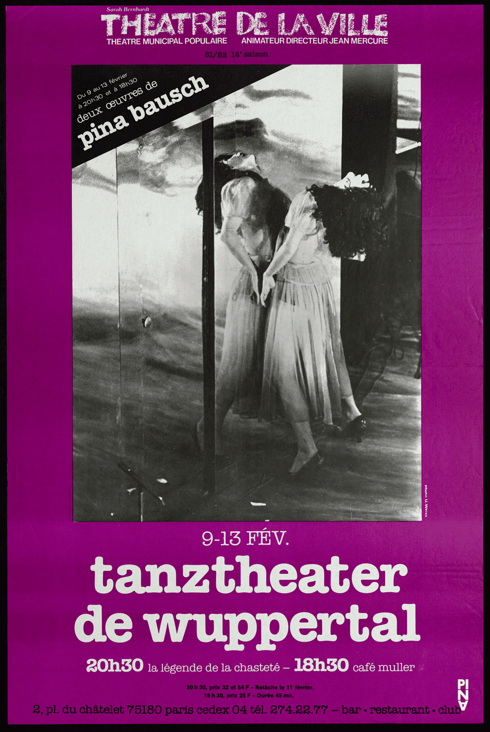 Plakat zu „Café Müller“ und „Keuschheitslegende“ von Pina Bausch in Paris, 09.02.1982–13.02.1982