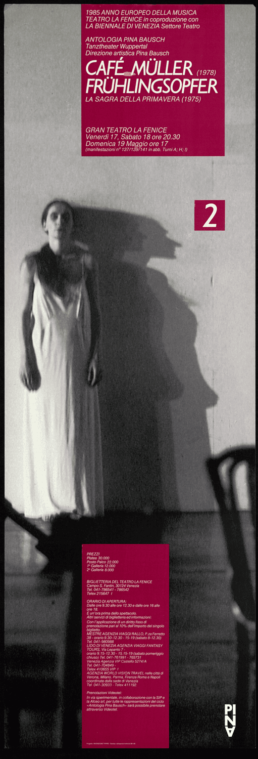 Plakat zu „Café Müller“ und „Das Frühlingsopfer“ von Pina Bausch in Venedig, 17.05.1985–19.05.1985