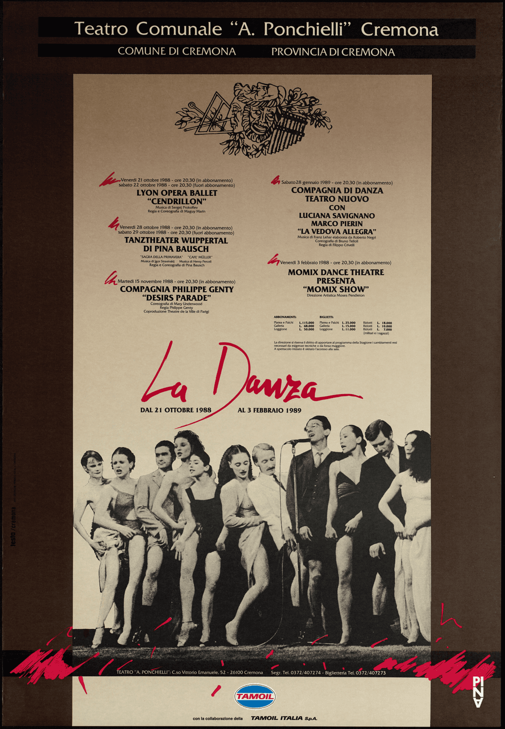 Plakat zu „Café Müller“ und „Das Frühlingsopfer“ von Pina Bausch in Cremona, 28.10.1988–29.10.1988