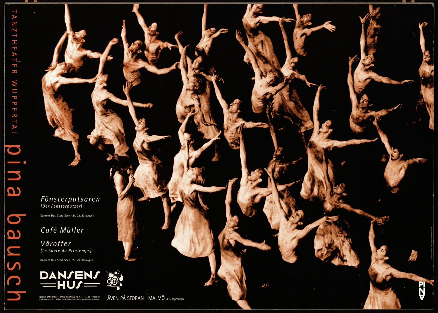 Plakat zu „Café Müller“, „Das Frühlingsopfer“ und „Der Fensterputzer“ von Pina Bausch in Stockholm, 21.08.1998–30.08.1998
