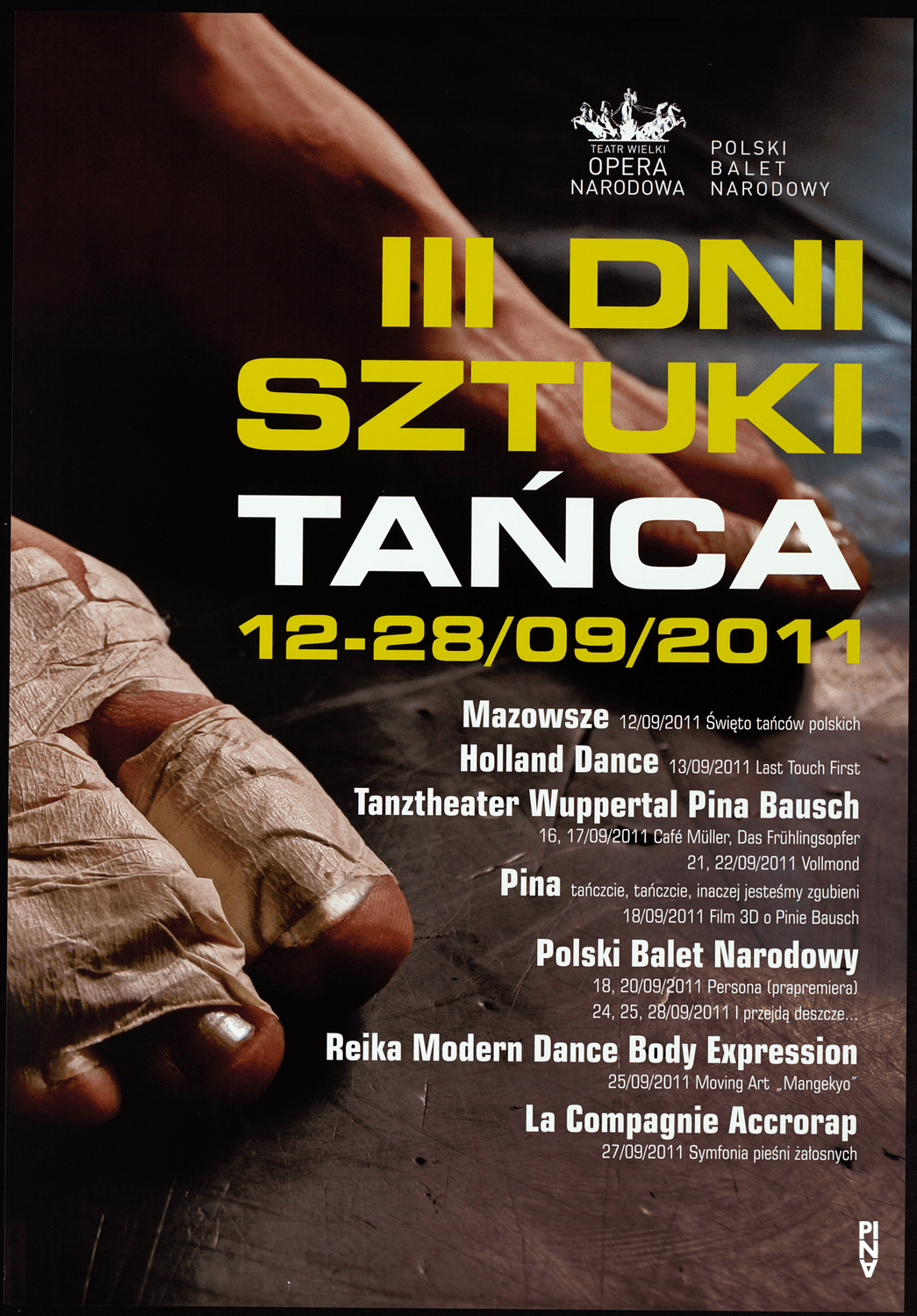 Plakat zu „Café Müller“, „Das Frühlingsopfer“ und „Vollmond“ von Pina Bausch in Warschau, 16.09.2011–22.09.2011