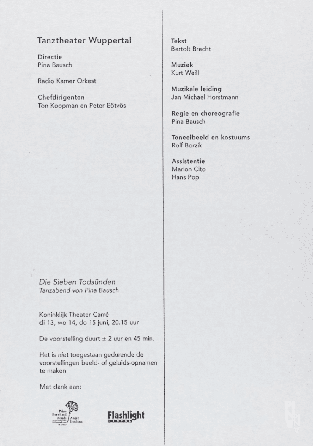 Abendzettel zu „Die sieben Todsünden“ von Pina Bausch mit Tanztheater Wuppertal in Amsterdam, 13.06.1995–15.06.1995