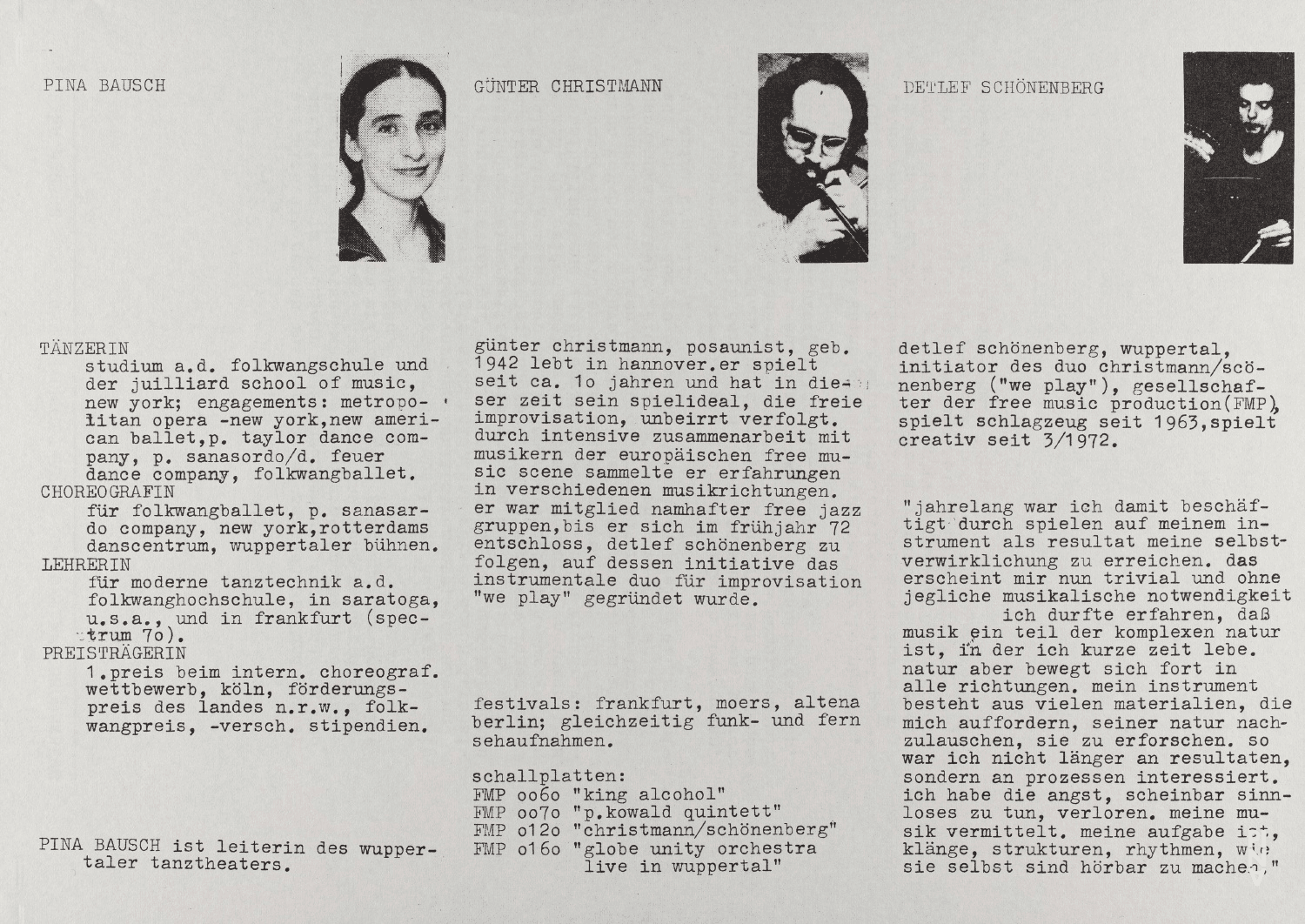 Evening leaflet for “Jazz improvisation with the Schönenberg-duo” by Pina Bausch, Günter Christmann and Detlef Schönenberg