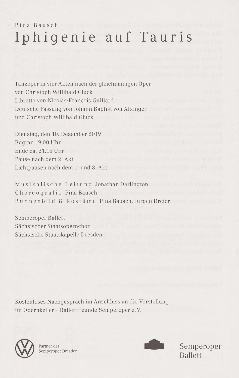 Programmheft zu „Iphigenie auf Tauris“ von Pina Bausch mit Semperoper Ballett Dresden in Dresden, 10. Dezember 2019