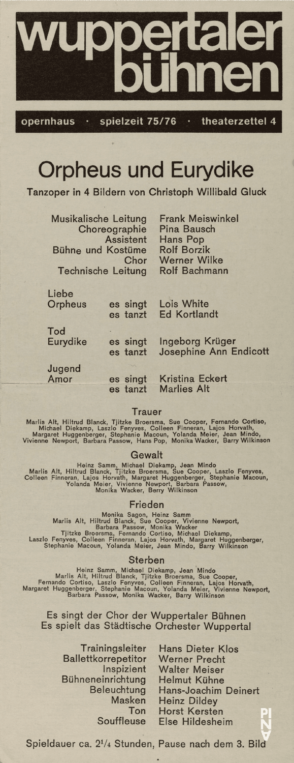 Programmheft zu „Orpheus und Eurydike“ von Pina Bausch in Wuppertal, Spielzeit 1975/76
