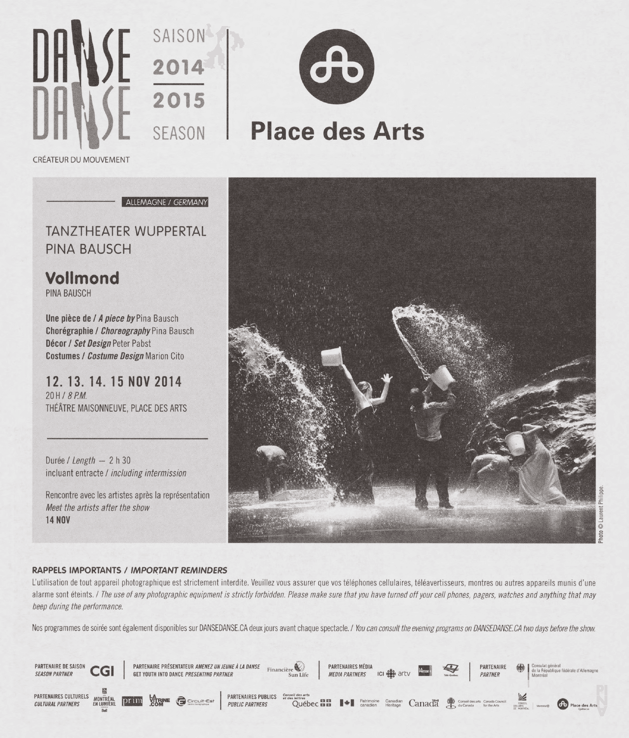 Programmheft zu „Vollmond“ von Pina Bausch mit Tanztheater Wuppertal in Montreal, 12.11.2014–15.11.2014