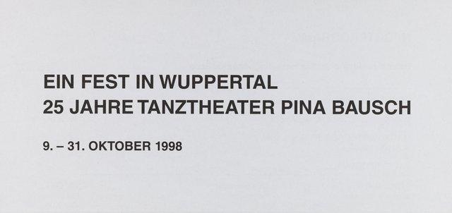 Short term programme for “Iphigenie auf Tauris”, “Arien”, “Nur Du (Only You)” and more by Pina Bausch with Tanztheater Wuppertal in in Wuppertal, 10/09/1998 – 10/31/1998
